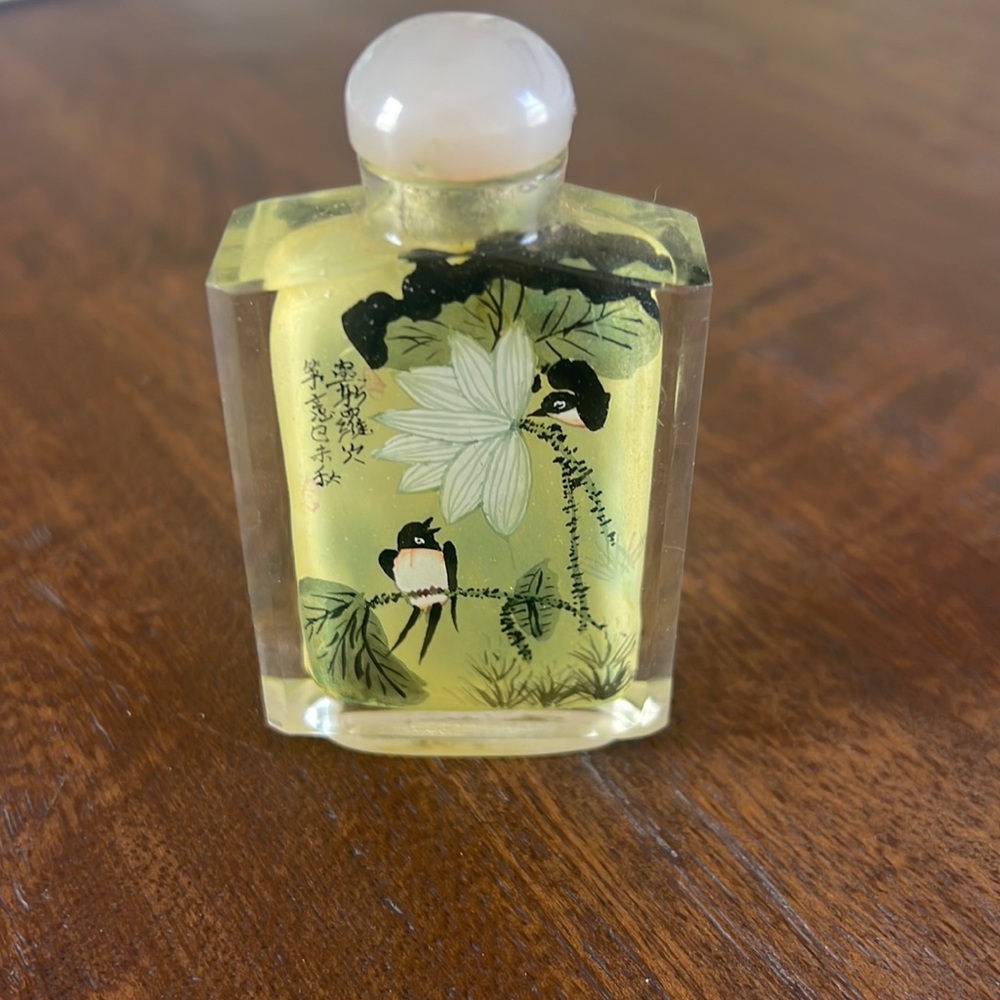 Vintage Glass Reverse Painted Birds Perfume Bottle Snuff Jar